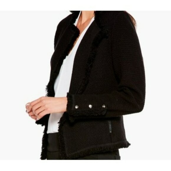 Nic+Zoe Jacket Black Textured Open Front Fringe Trim & Snap Cuff Detail Size XS - Picture 2 of 15